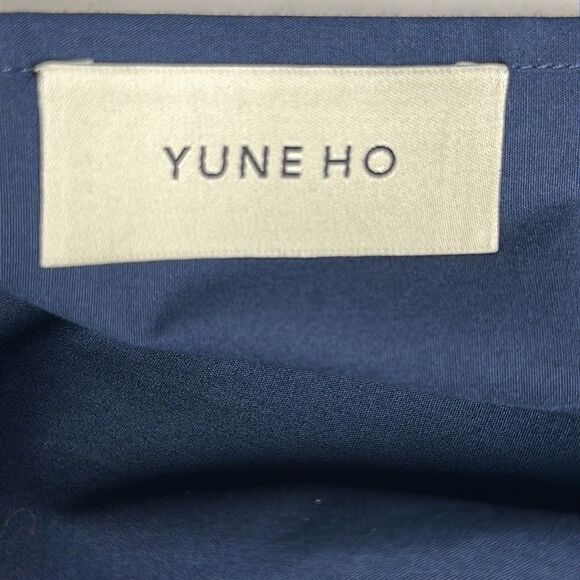 YUNE HO Cotton Navy Blue Peplum Top Relaxed Fit Blouse Drawstring Neck M - Picture 14 of 15